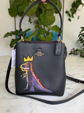 NWT Coach X Jean Michel Basquiat Small Town Bucket Bag Black Leather Rexy C6073